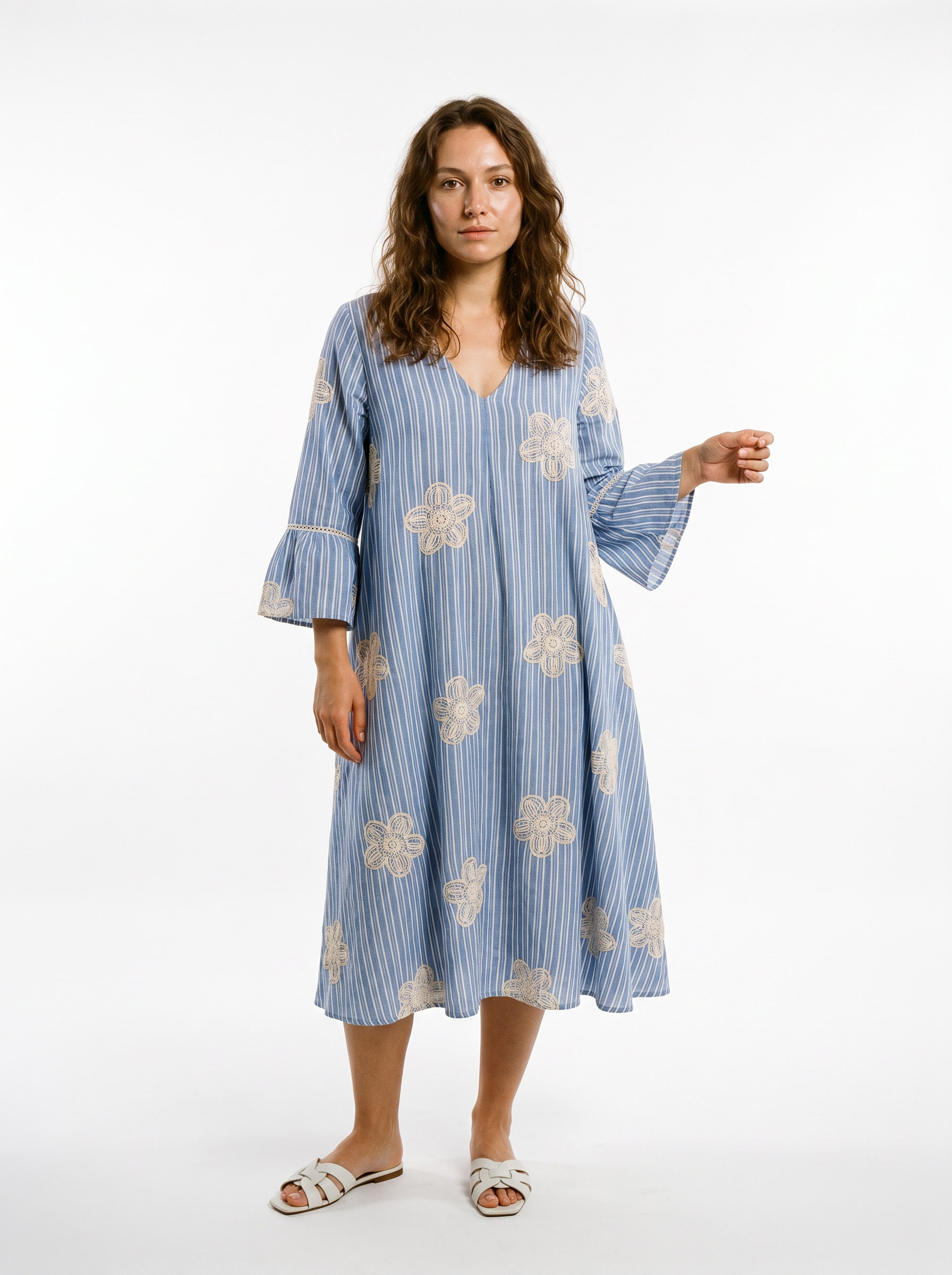 1-22.jpg Striped Linen Embroidery Dress - Image 1